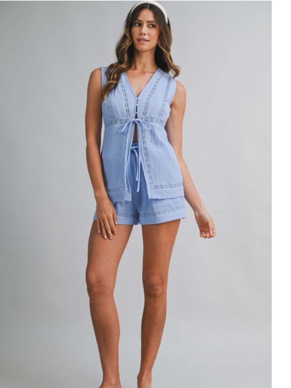Gauze Lace Trim Tie Front Top and Shorts Set